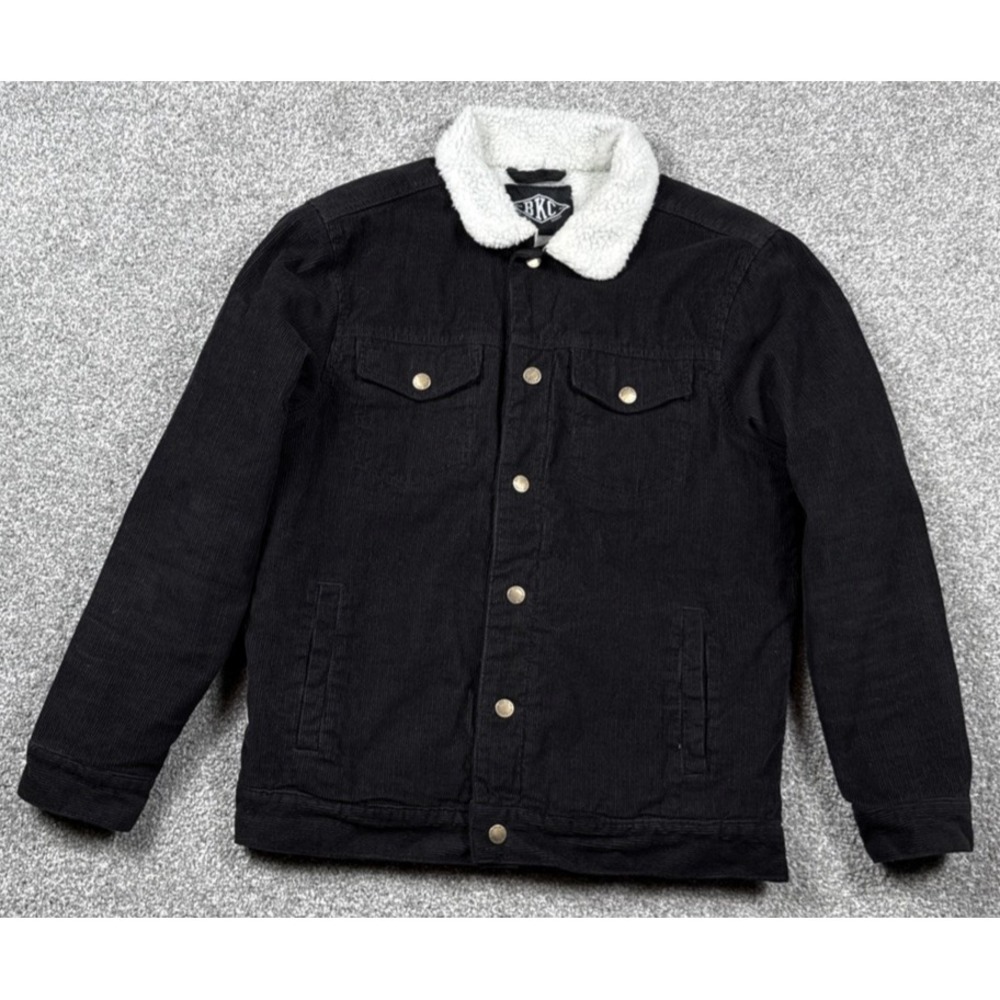 BKLYN NYC Corduroy Sherpa Lined Trucker Jacket Mens Medium Black Snap‎ Front